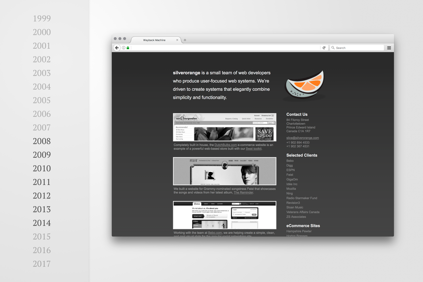 Screenshot of silverorange website in 2008 to 2014 with simple dark layout