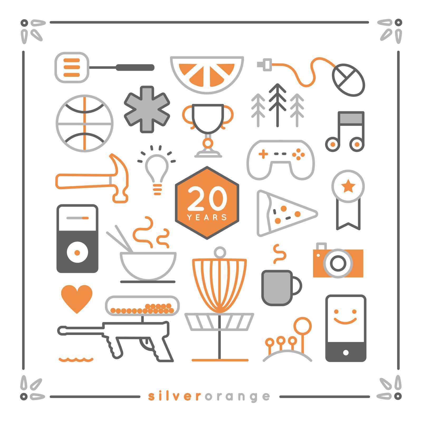 Arrangement of stylized line art illustrations including orange slice, iPod, basketball, game controller, music notes, trophy, tools, etc.