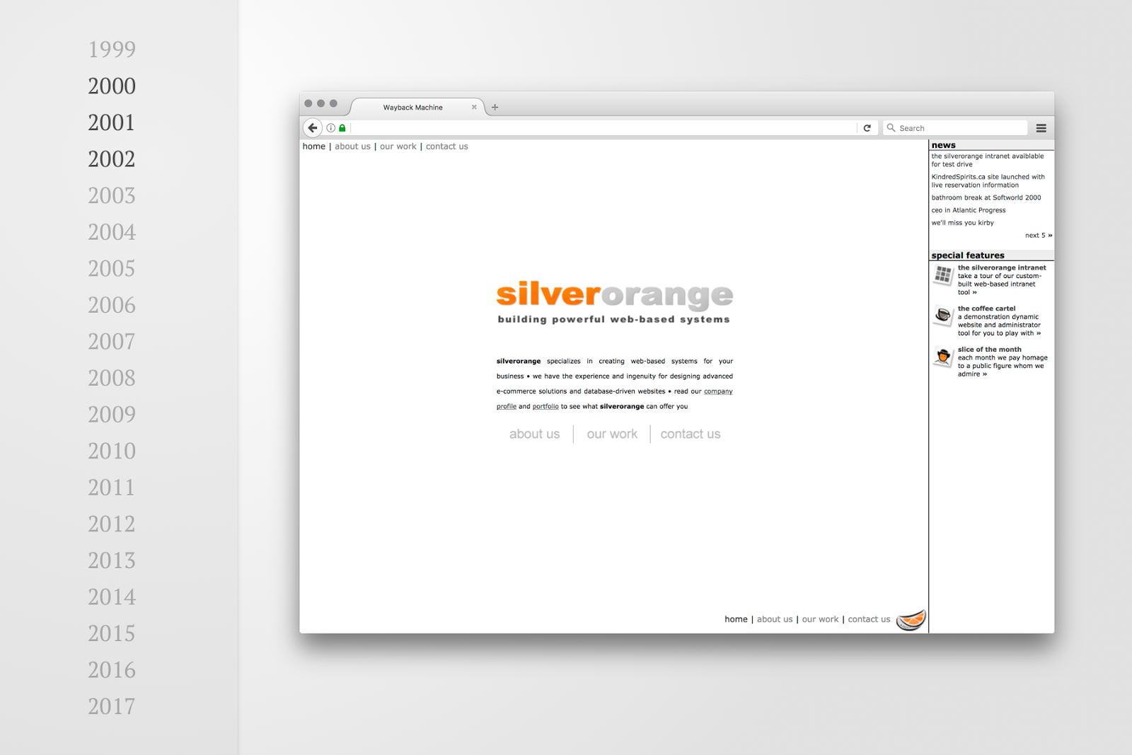 Screenshot of silverorange website in 2000 to 2002 with simple layout and sidebar