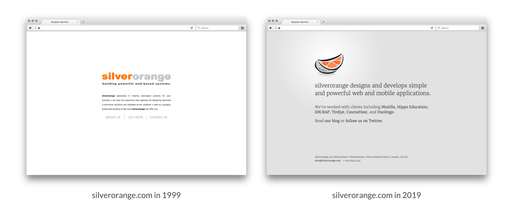 Screenshots of silverorange.com website looking similar in 1999 and in 2019