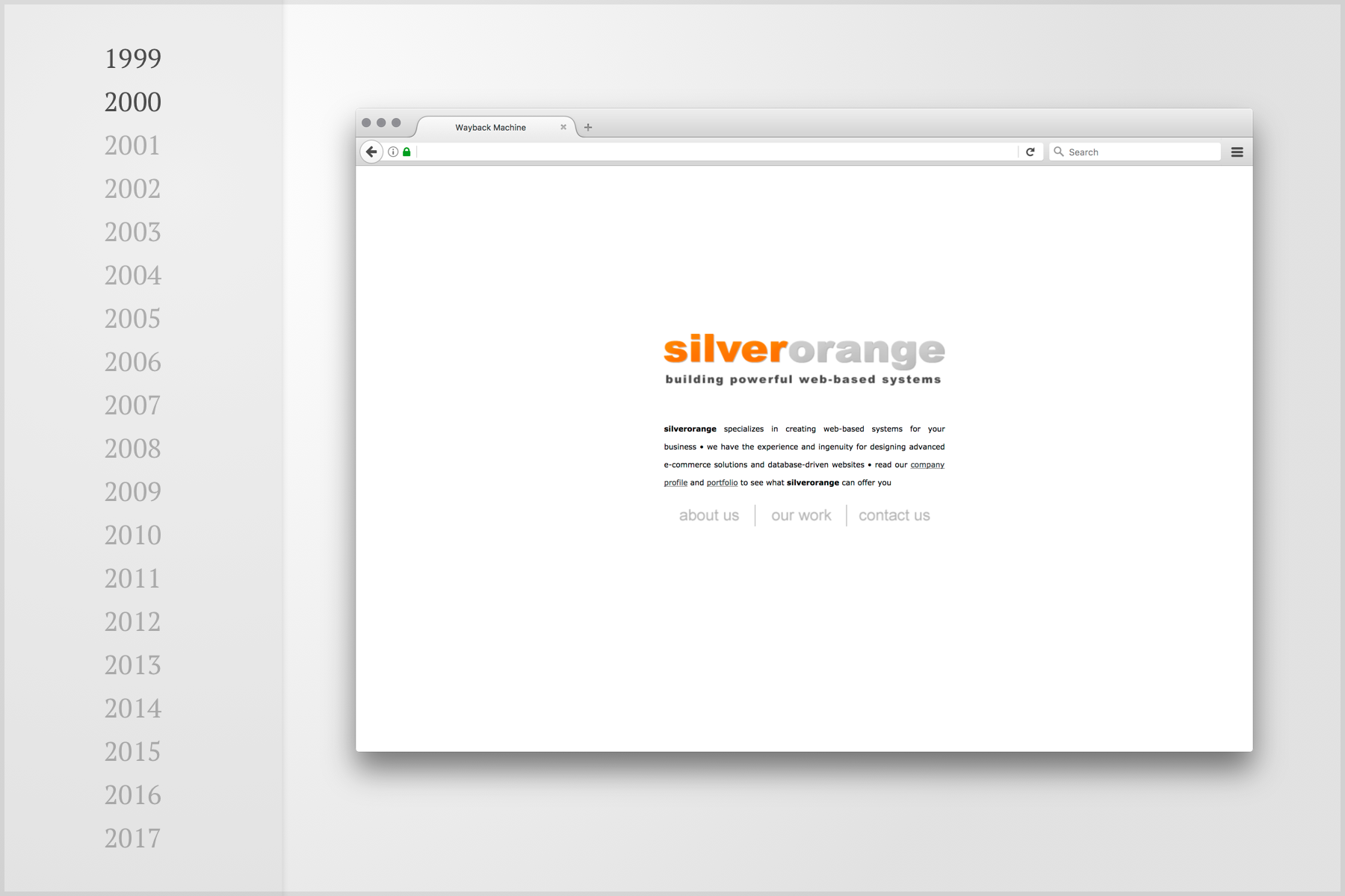 Screenshot of silverorange website in 1999 and 2000 with simple layout