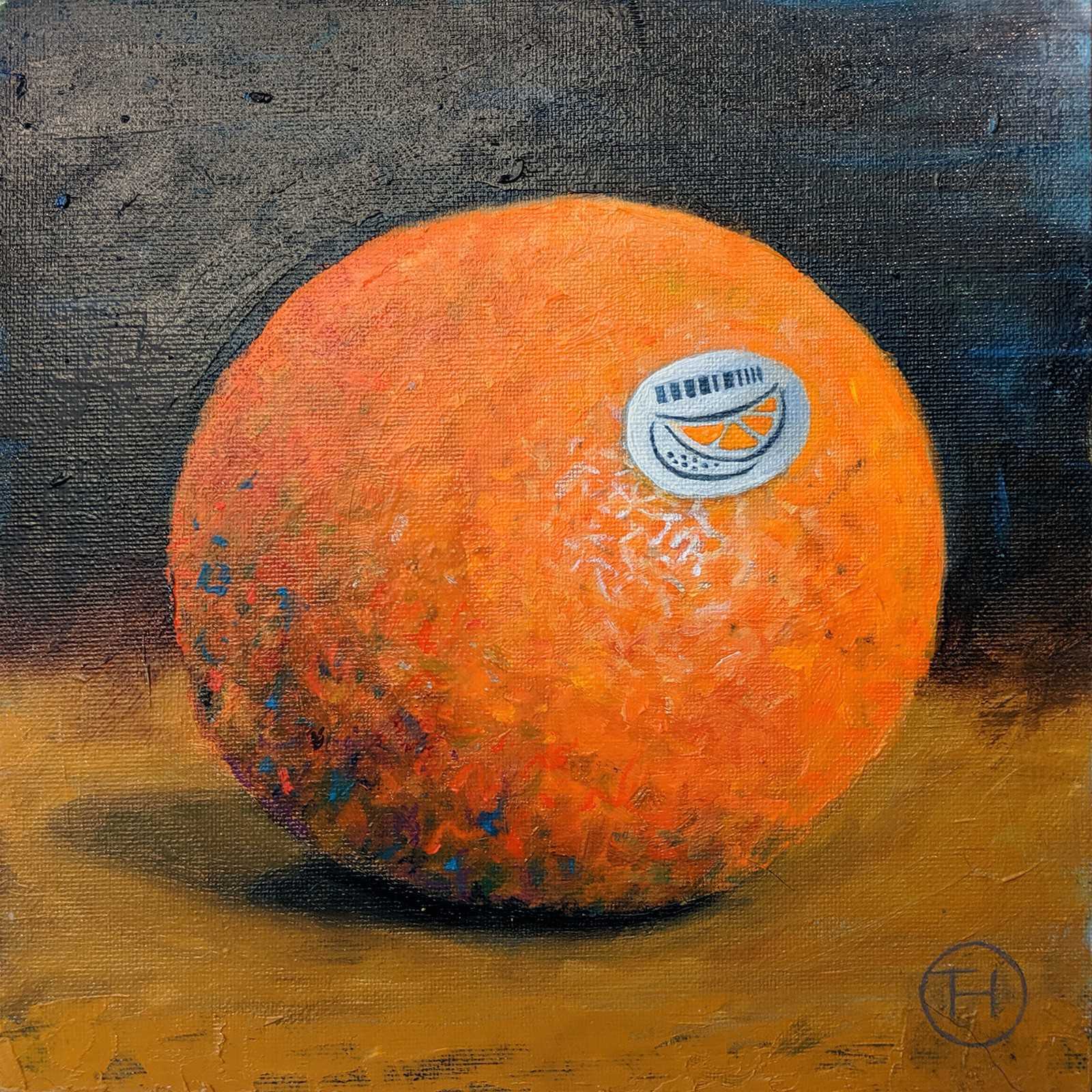 Oil painting of orange with silver sticker