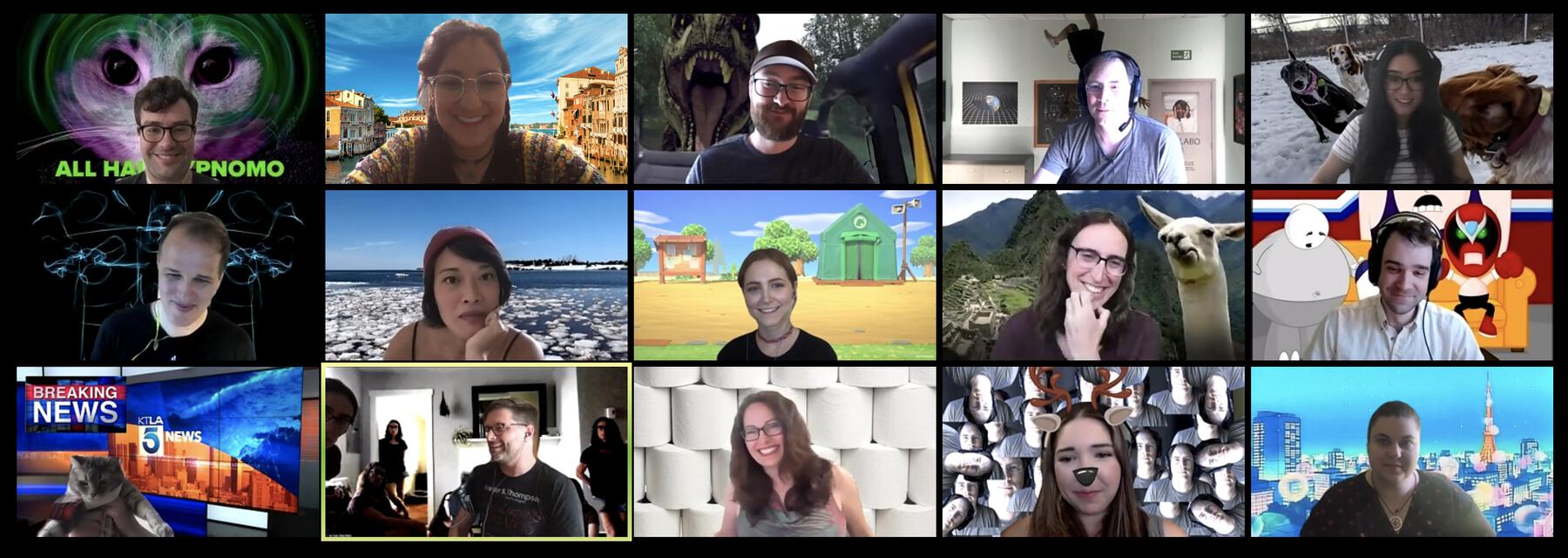 Screenshot of zoom backgrounds and people smiling.