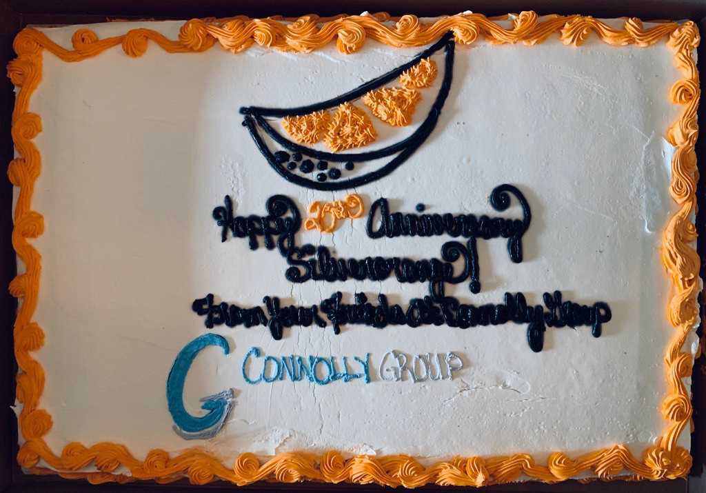 Cake with silverorange logo and anniversary wish from Connolly Group