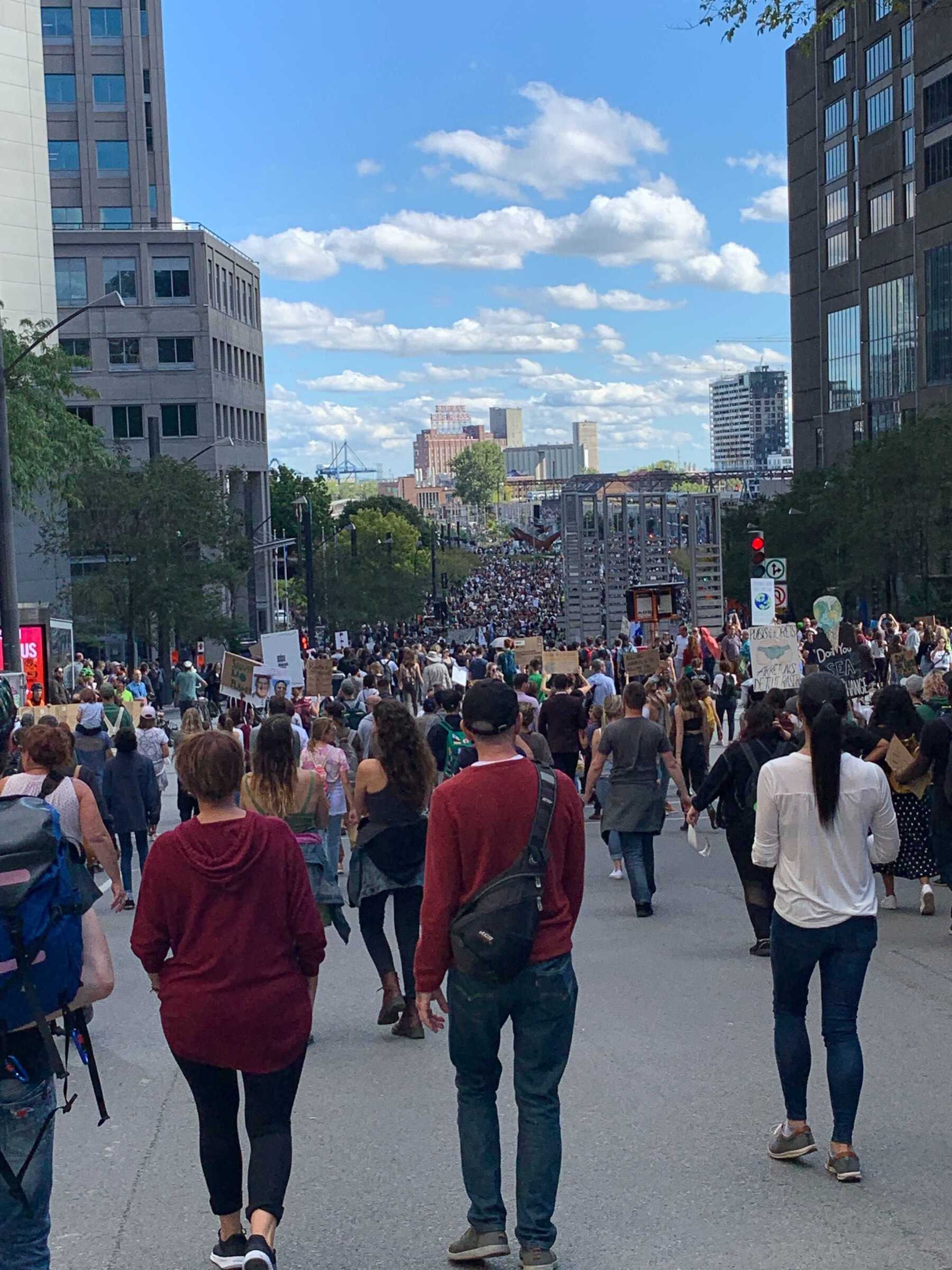 Thousands of people marching on city street