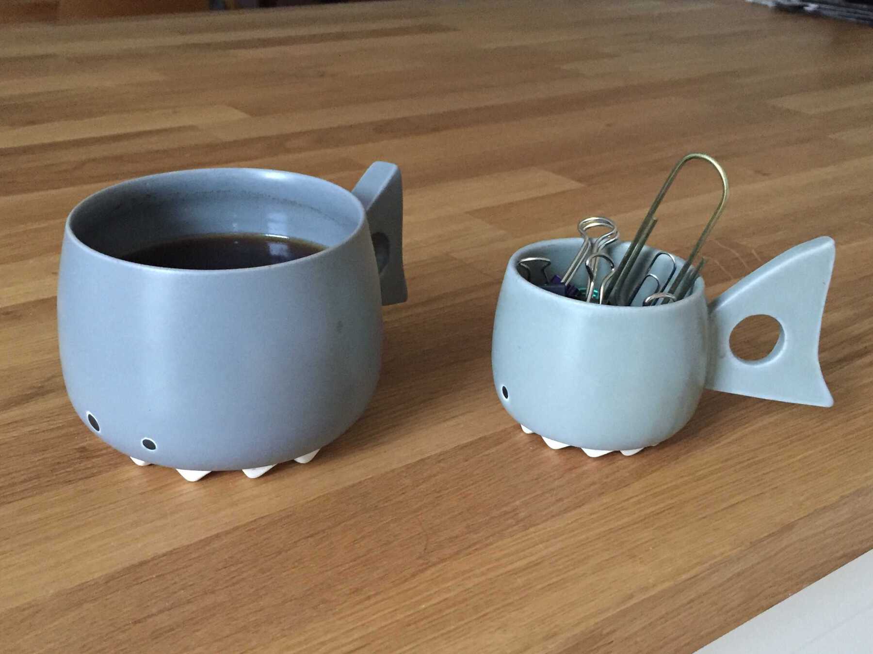 Shark-shaped coffee mug and matching paper-clip holder