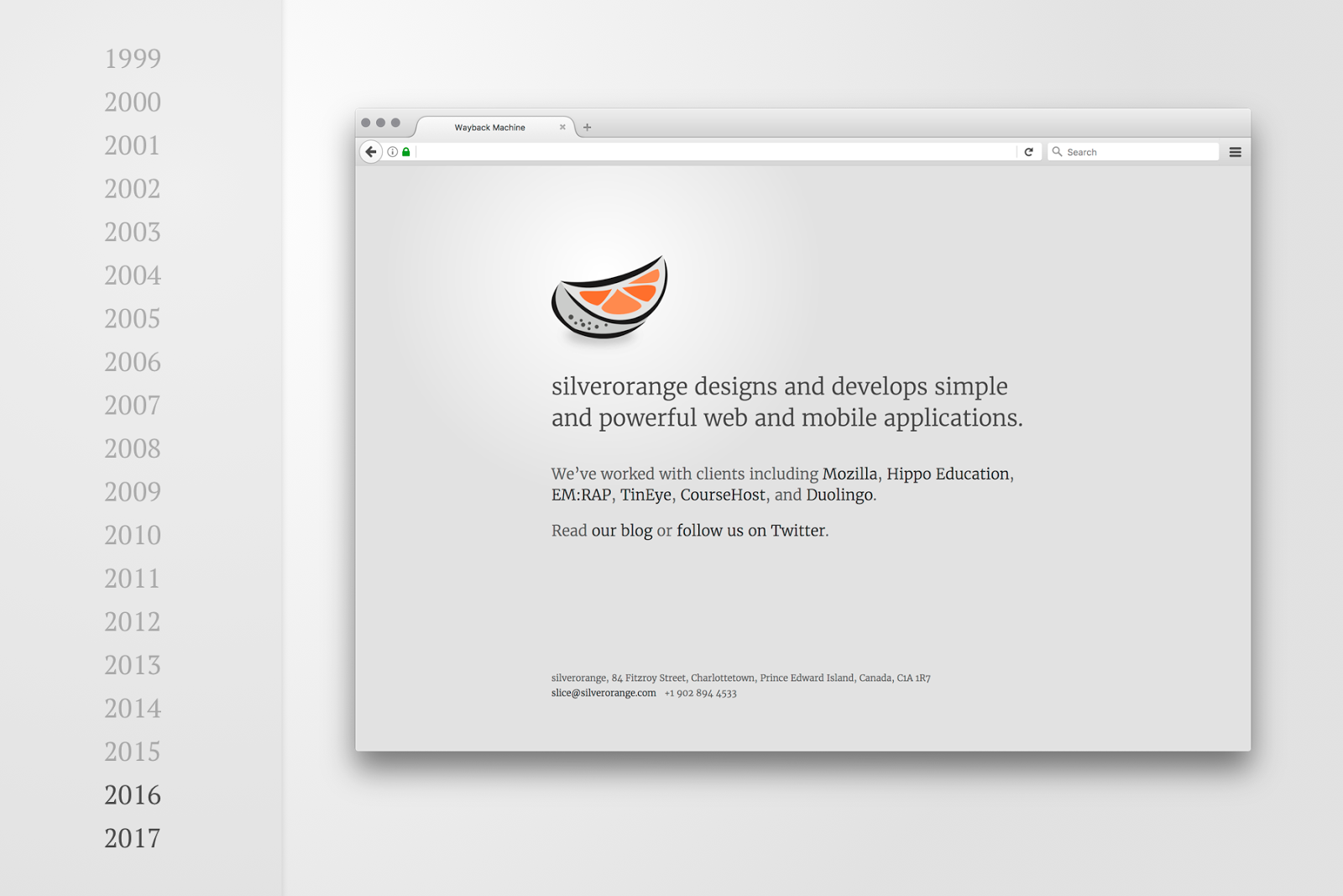 Screenshot of silverorange website from 2016 to present with simple light grey layout