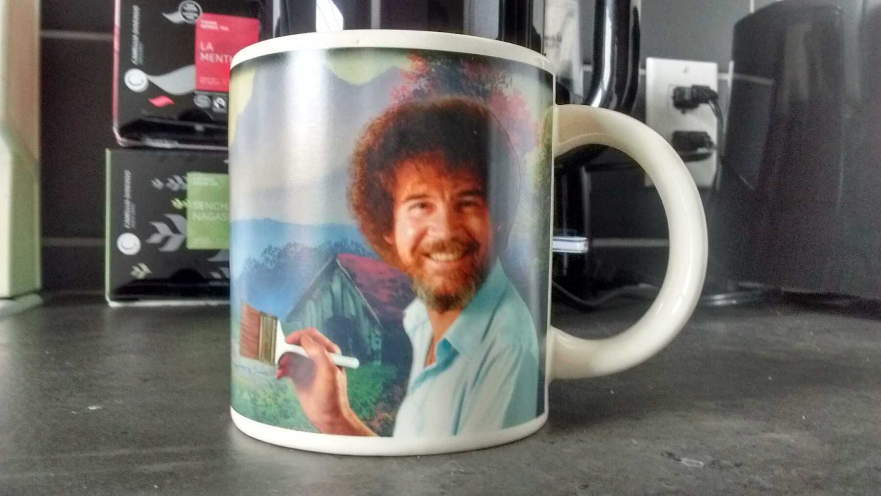 Coffee mug with photo of painter Bob Ross