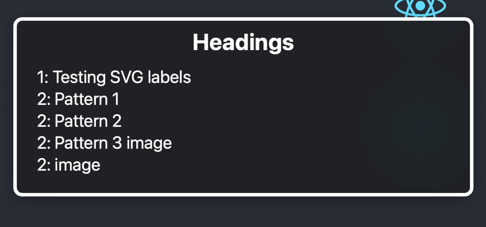 1: Testing SVG labels; 2: Pattern 1; 2: Pattern 2; 2: Pattern 3 image; 2: image