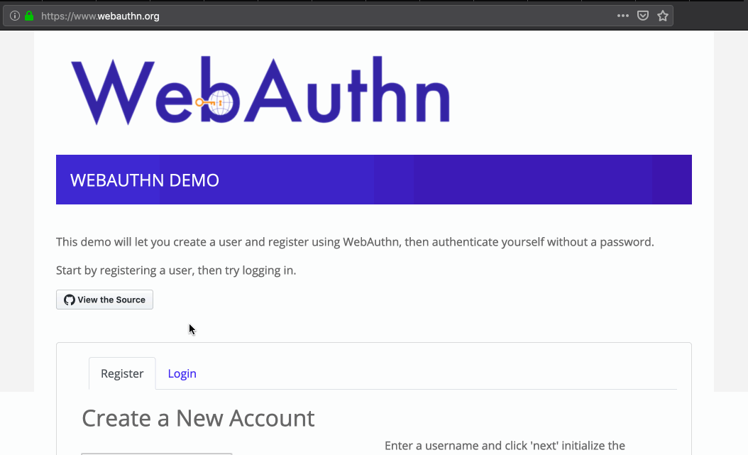 Animation showing steps to use WebAuthn in Firefox