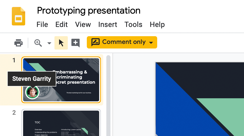 Screenshot of Google Slides showing a persons name and photo