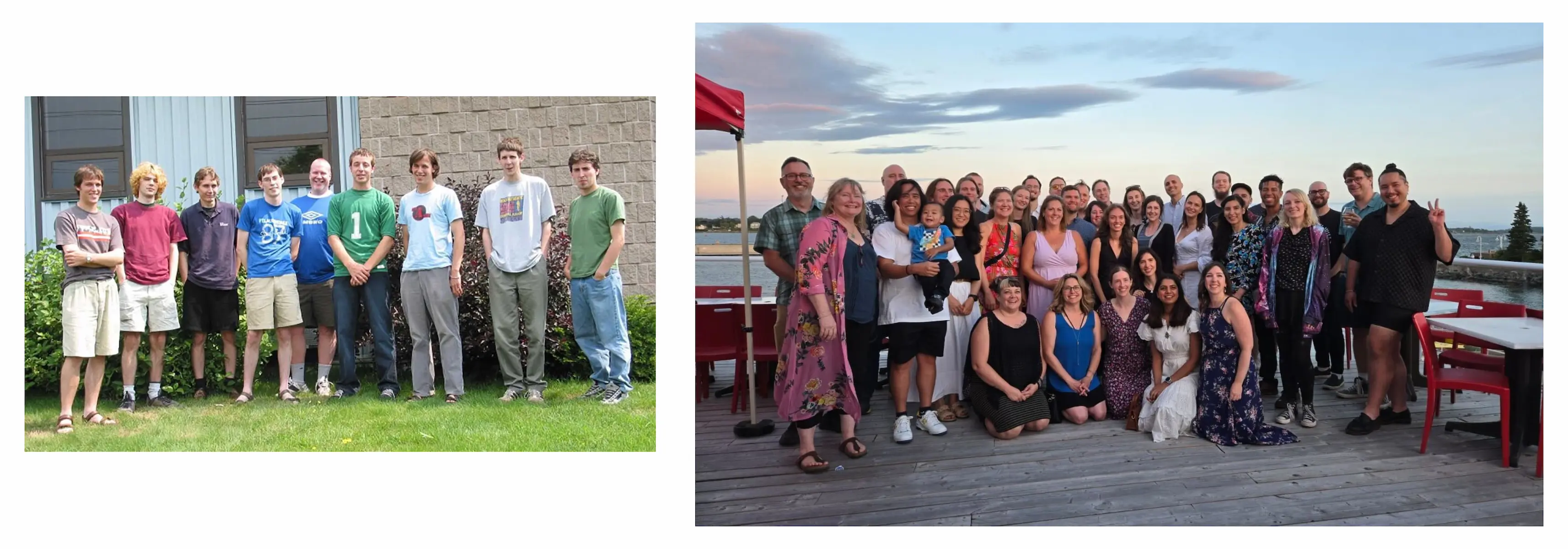 Two photos, the first being a smaller group photo of nine young men wearing 90s era clothing, the second being a larger group photos of over 30 people smiling on a deck in front of a sunset sky.